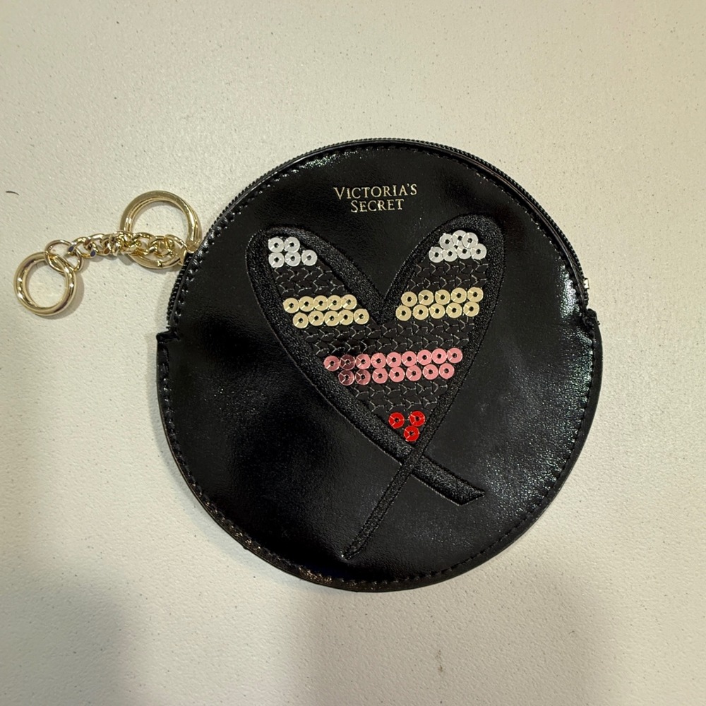 Victorias Secret Womens Coin Purse OS Black Sequin Heart Keychain Glam Y2K